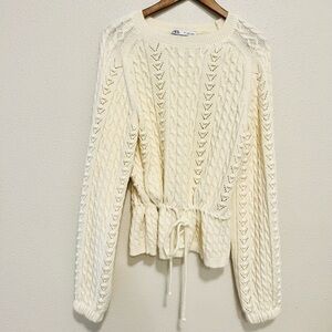 Zara Ecru Tie Wool Sweater Size Large